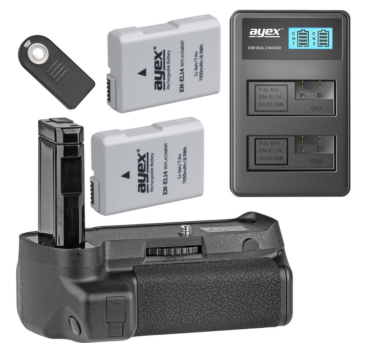 Batteriegriff Set für Nikon D3400 + IR-Fernauslöser + 2x EN-EL14 Akku + 1x USB Dual Ladegerät