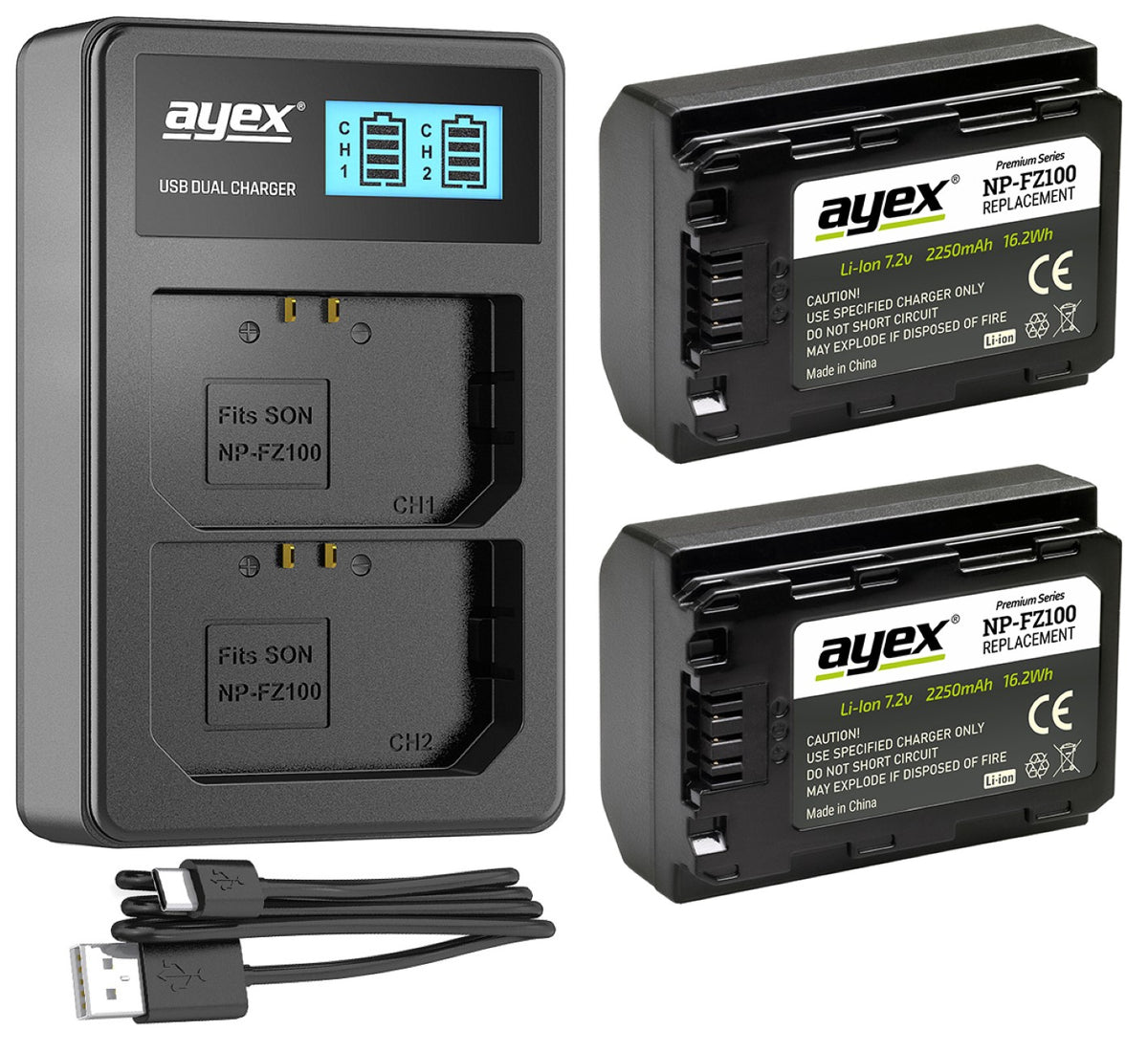 ayex Power Set mit 2x NP-FZ100 Akku + 1x USB Dual Ladegerät zB Sony Alpha A7R III A9 II Alpha 1