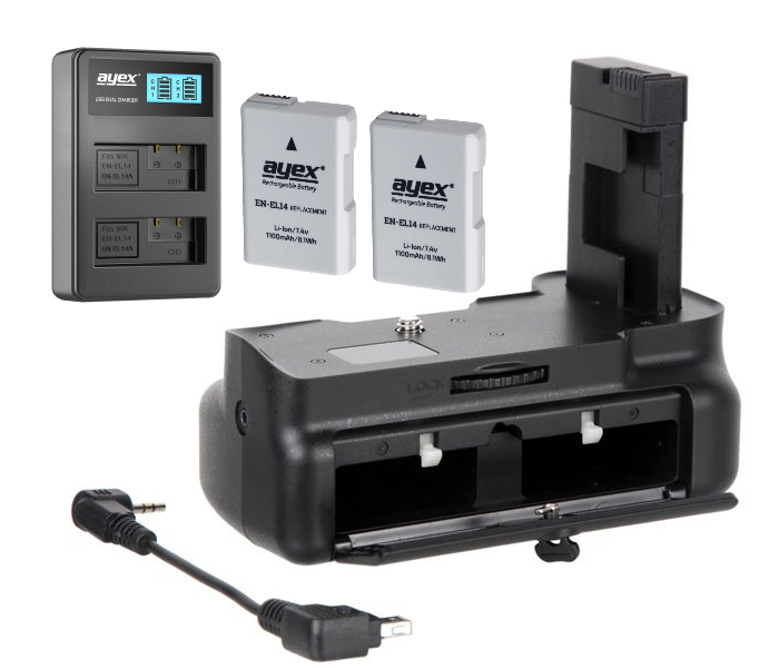 Batteriegriff Set für Nikon D5300 D3300 D3200 D3100 + 2x EN-EL14 Akku + USB Dual Ladegerät