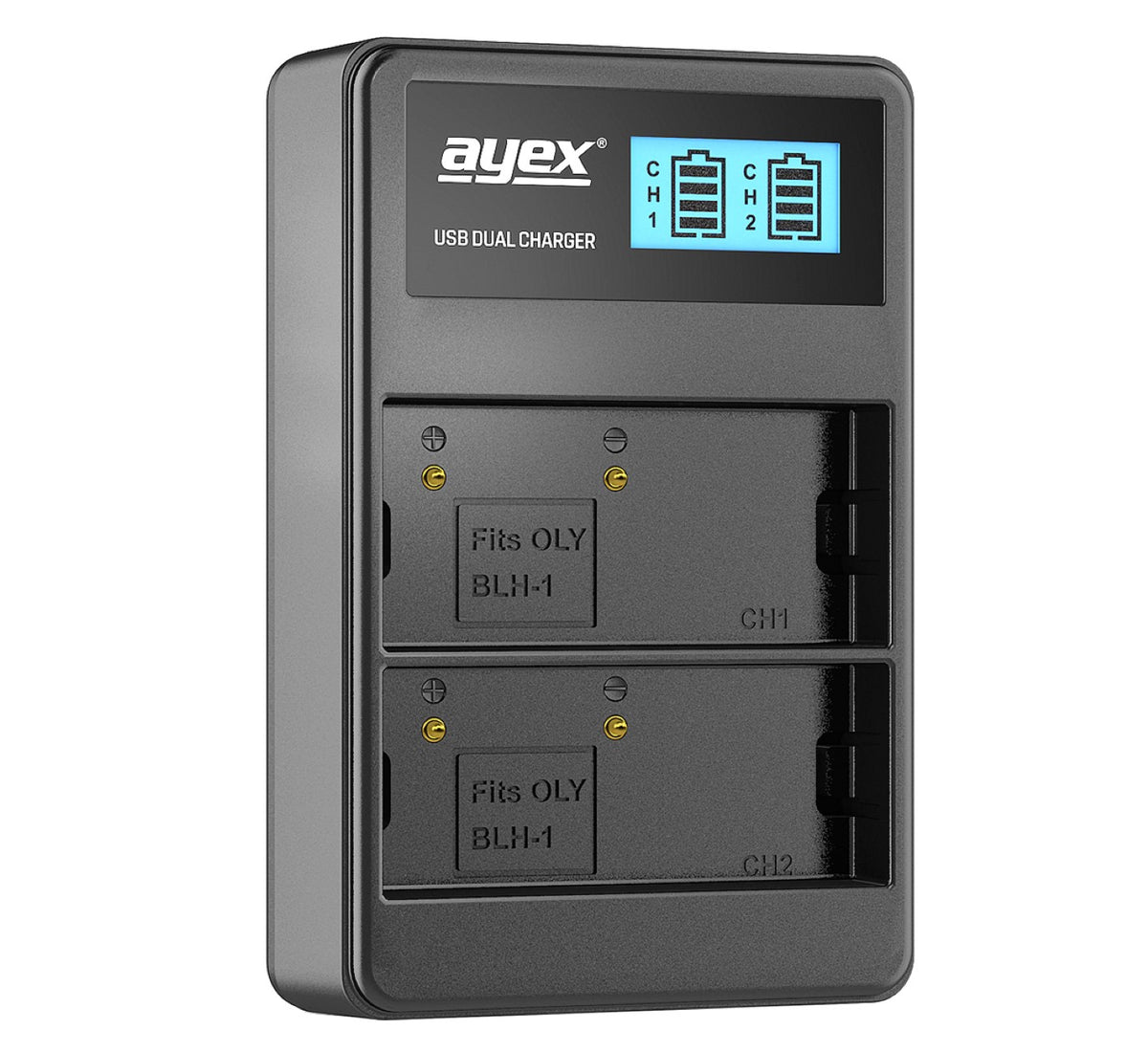 USB Dual Ladegerät für Olympus BLH-1 Akkus beleuchtetes Display Ladestandanzeige
