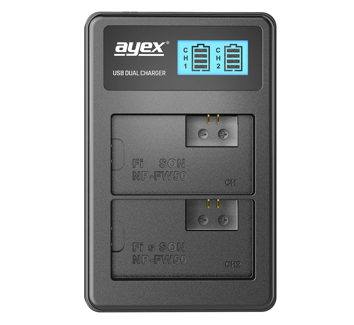 USB Dual Ladegerät für Sony NP-FW50 Akkus beleuchtetes Display Ladestandanzeige