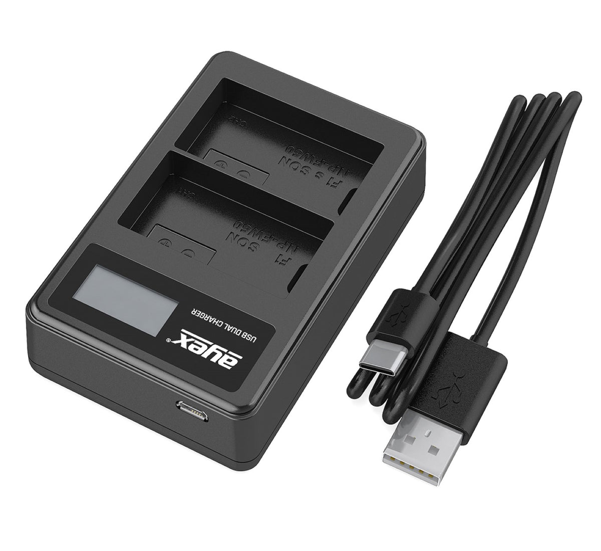USB Dual Ladegerät für Sony NP-FW50 Akkus beleuchtetes Display Ladestandanzeige