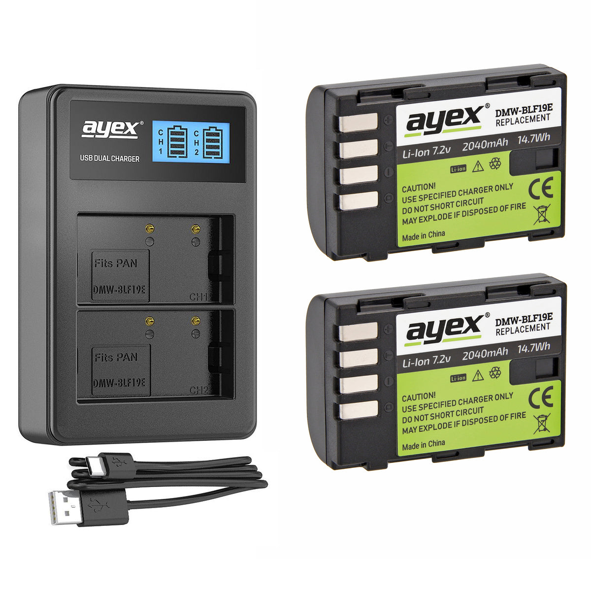 ayex Power Set mit 2x DMW-BLF19E Akku für Panasonic + 1x USB Dual Ladegerät