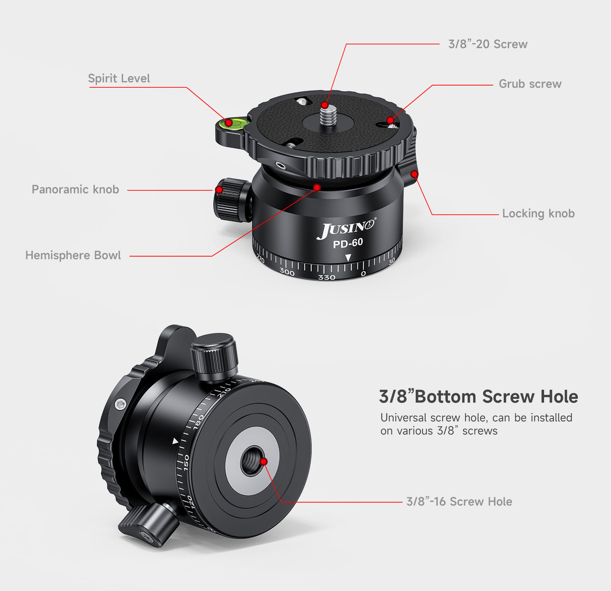 JUSINO Stativ-Nivellierbasis Neigekopf mit 360° Panorama-Funktion und ±15° Neigung PD-60