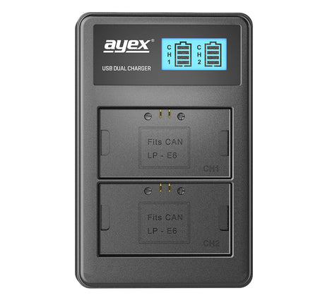 USB Dual Ladegerät für Canon LP-E6 N NH Akkus beleuchtetes Display Ladestandanzeige