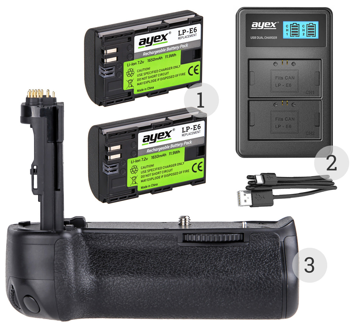 Batteriegriff Set für Canon EOS 6D + 2x LP-E6N Akku + 1x USB Dual Ladegerät wie BG-E13