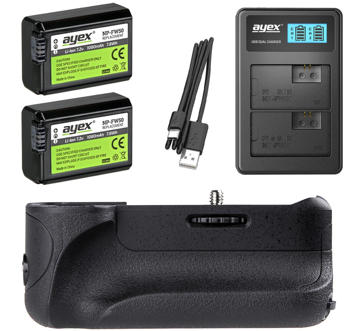 Batteriegriff Set für Sony Alpha A6300 A6000 + 2x NP-FW50 Akku + 1x USB Dual Ladegerät