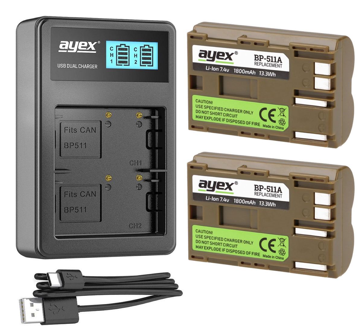 ayex Power Set mit 2x BP-511A Akku + 1x USB Dual Ladegerät für z.B. Canon 300D 50D 1D D60