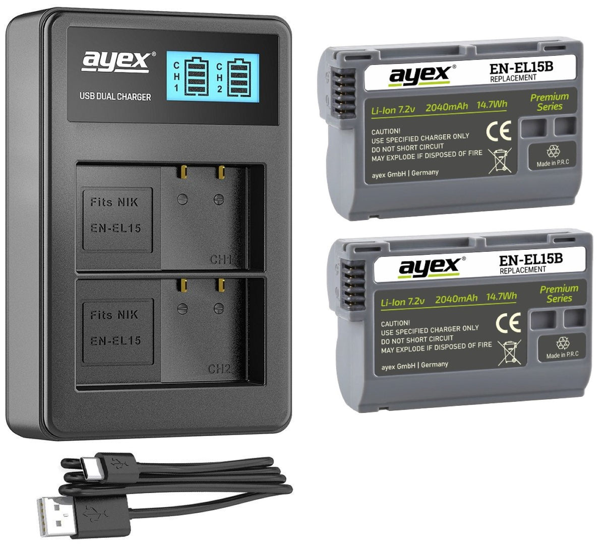 ayex Power Set mit 2x EN-EL15B Akku für Nikon + 1x USB Dual Ladegerät