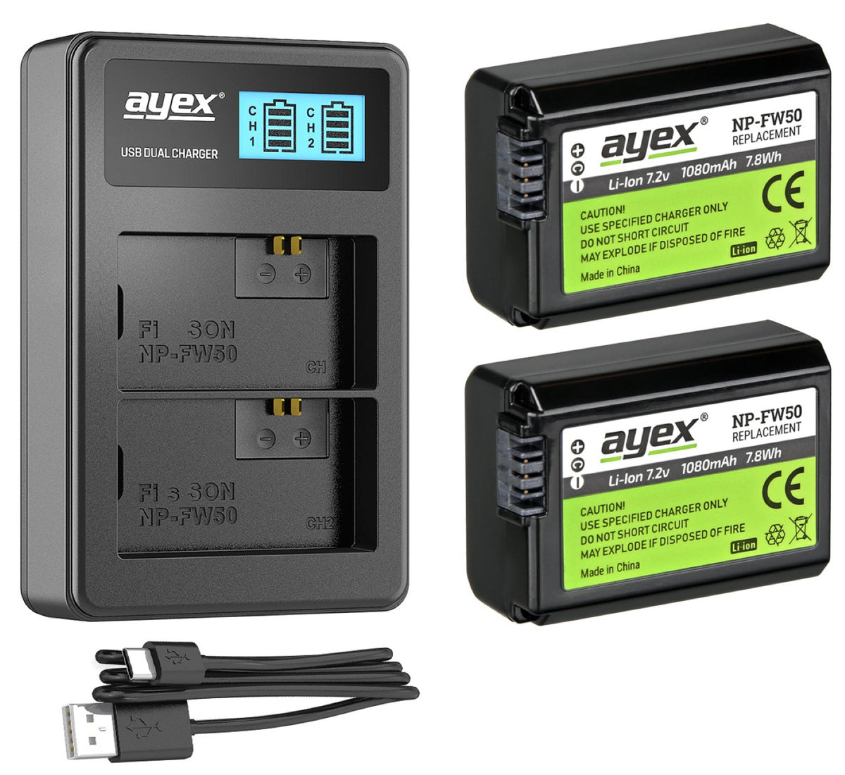ayex Power Set mit 2x NP-FW50 Akku für Sony + 1x USB Dual Ladegerät