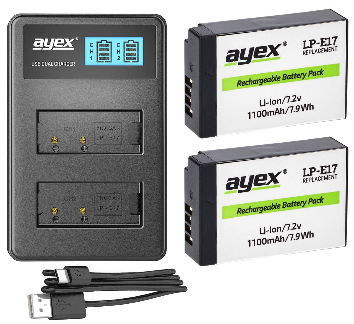 ayex Power Set mit 2x LP-E17 Akku + 1x USB Dual Ladegerät für Canon EOS 800D 760D 200D 77D M6