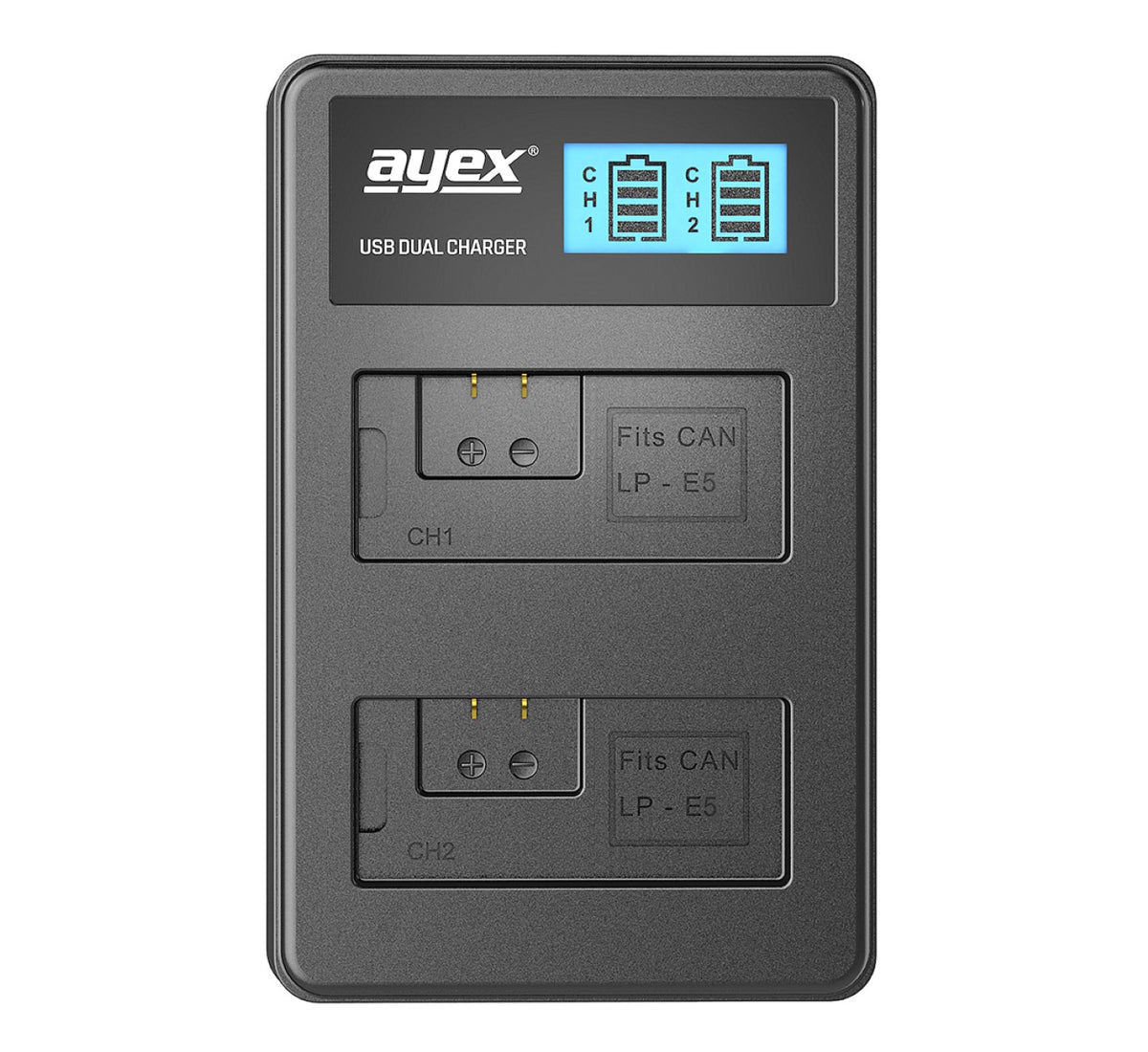 USB Dual Ladegerät für Canon LP-E5 Akkus beleuchtetes Display Ladestandanzeige