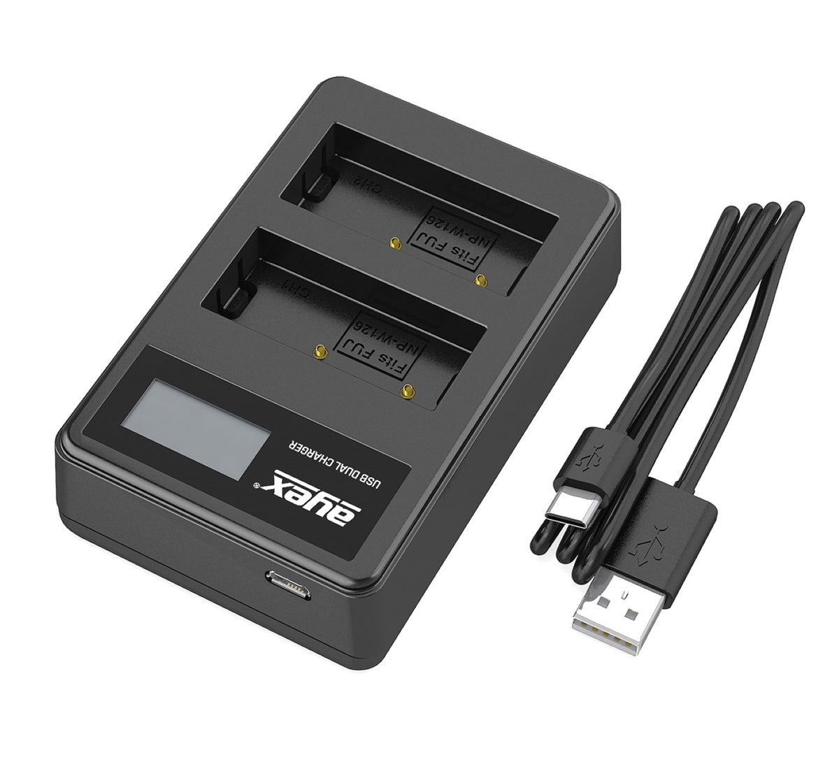 USB Dual Ladegerät für Fujifilm NP-W126 Akkus beleuchtetes Display Ladestandanzeige