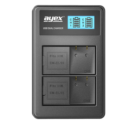 USB Dual Ladegerät für Nikon EN-EL15 beleuchtetes Display Ladestandanzeige