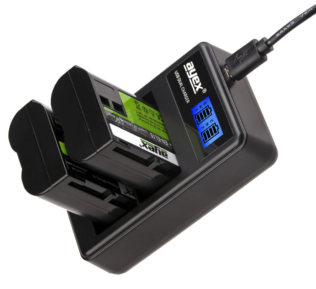 USB Dual Ladegerät für Nikon EN-EL15 beleuchtetes Display Ladestandanzeige