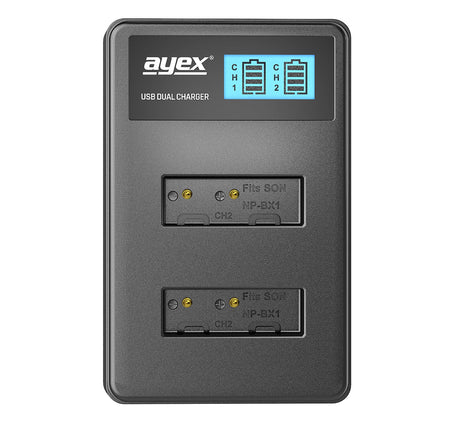USB Dual Ladegerät für Sony NP-BX1 Akkus beleuchtetes Display Ladestandanzeige