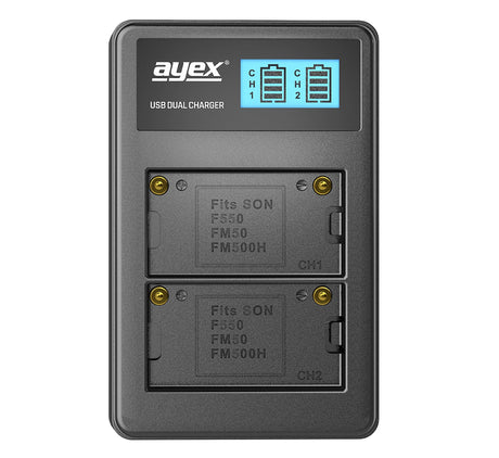 USB Dual Ladegerät für Sony NP-F550 NP-FM550H NP-FM50 Akkus beleuchtetes Display Ladestandanzeige