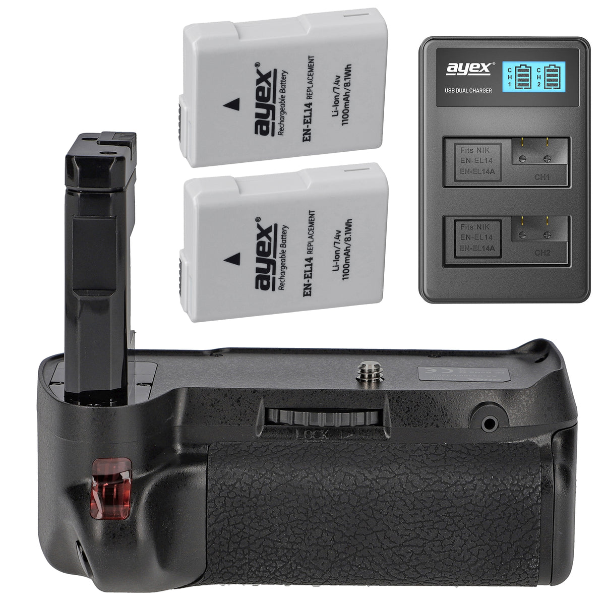 Batteriegriff-Set für Nikon D3200, D3100 + 2x EN-EL14 Akku + USB Dual- Ladegerät