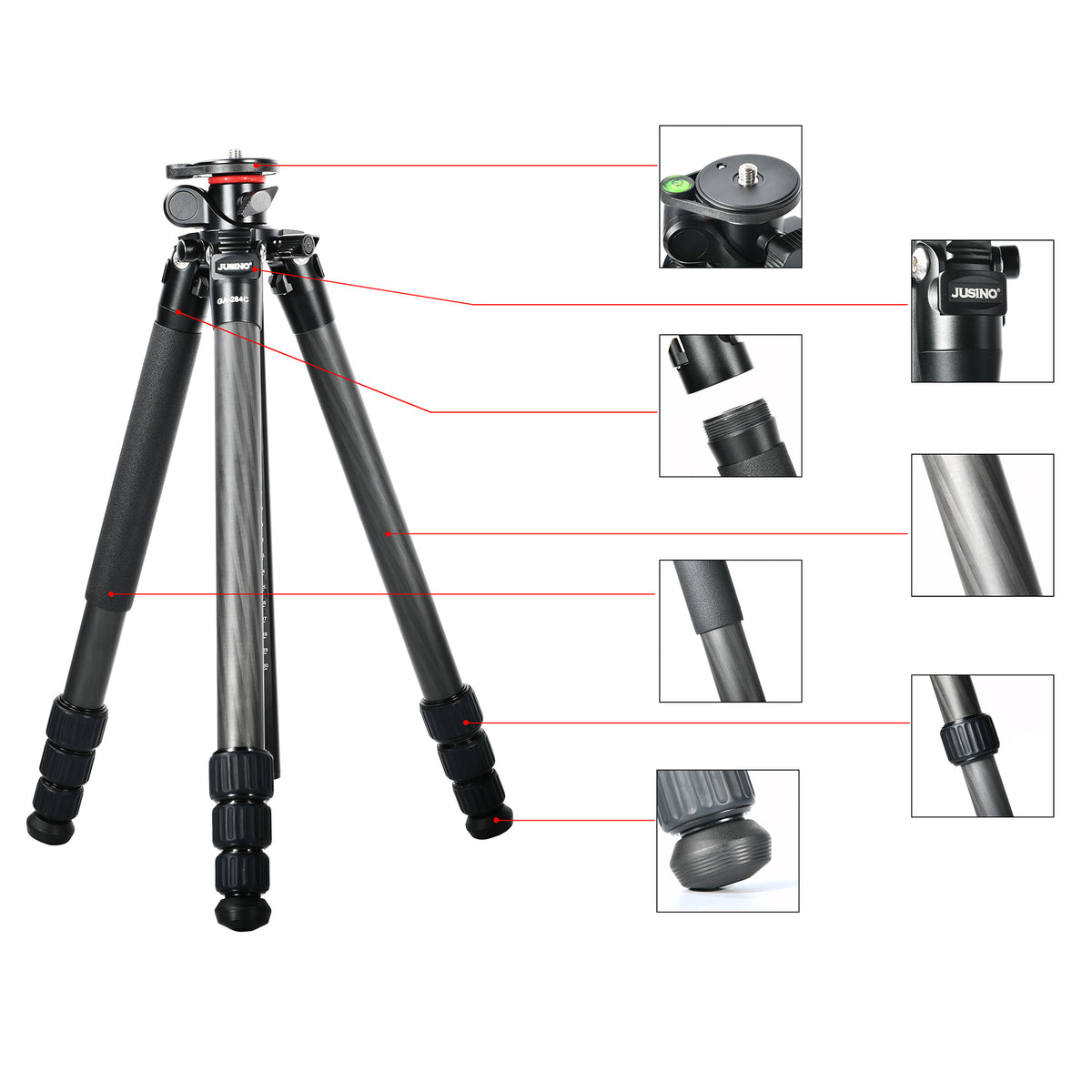 JUSINO Flexibles Karbon-Stativ max. 170cm bis 18Kg belastbar neigbare & entfernbare Mittelsäule