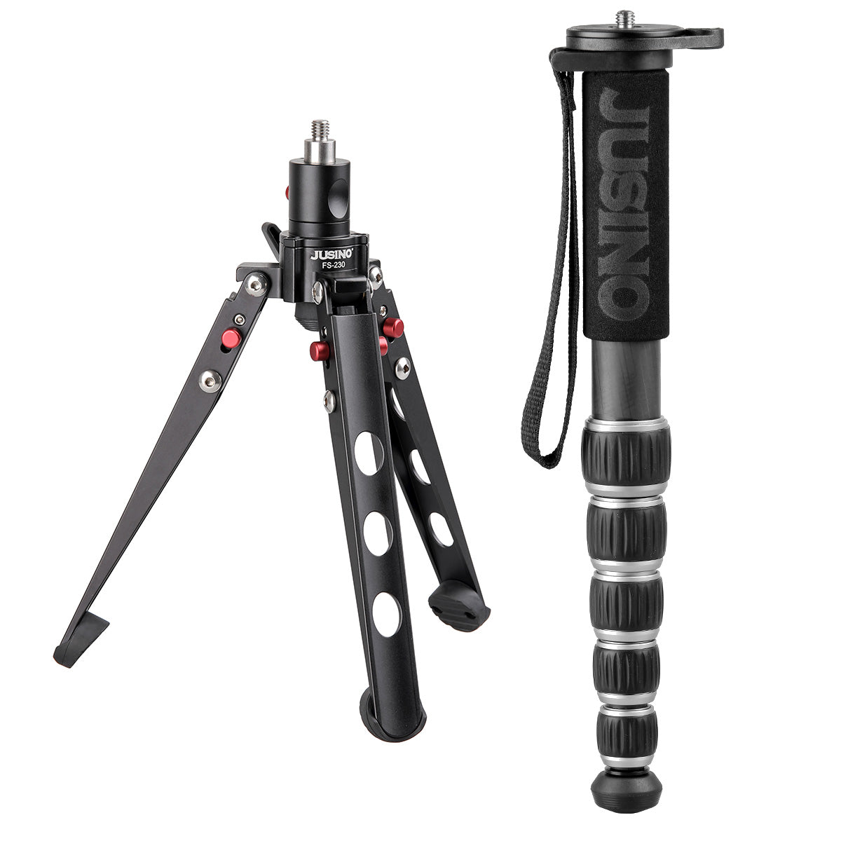JUSINO Leichtes Karbon-Monopod bis 140cm/18kg ausklappbare Standspinne Kugelgelenk Tischstativ-Funktion