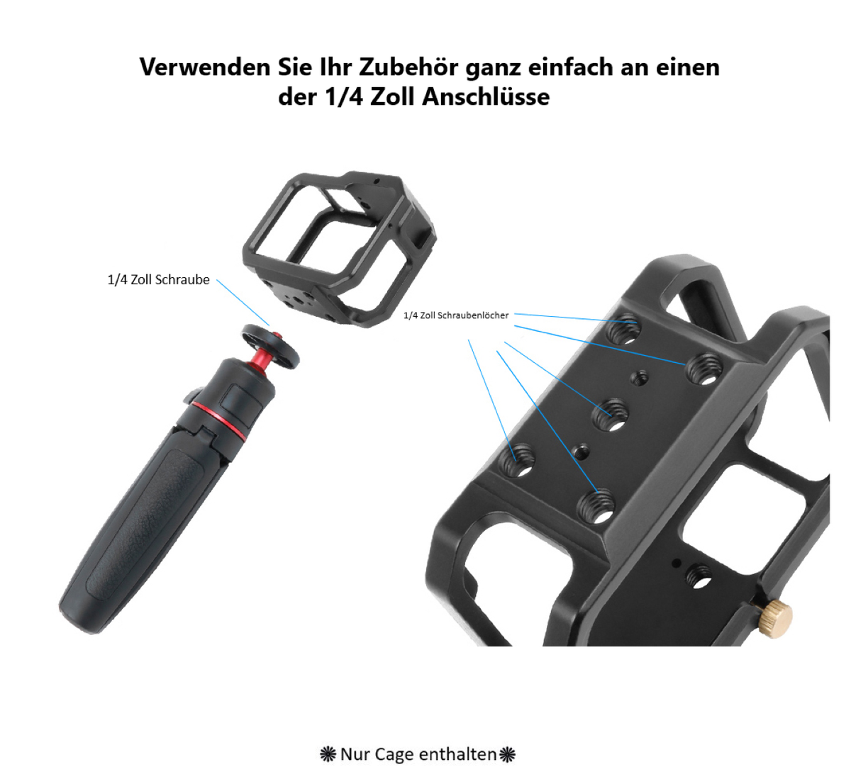 Schutzgehäuse Schutzrahmen Cage Passend für GoPro Hero 9 10 & 11 2 Hot-Shoe-Anschlüsse Schieberahmen Aluminium